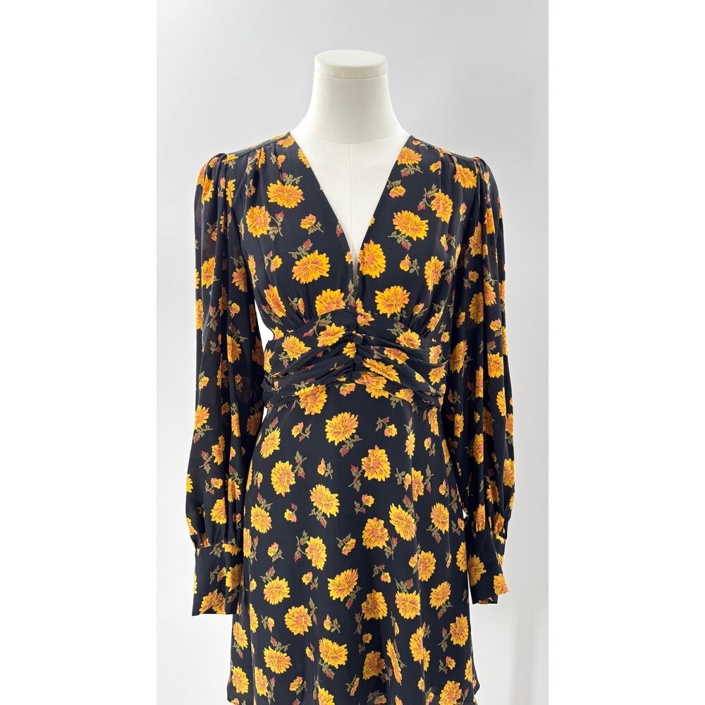 Veronica Beard Marion Floral Black Gold Yellow Silk Dress Long Sleeve Mini 12